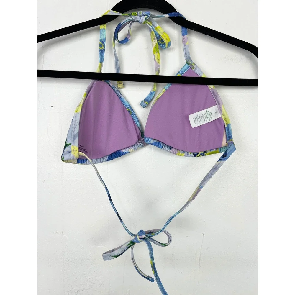Aerie Real Good Floral Triangle Swim Bikini Top Blue Purple Yellow Large - Picture 2 of 3
